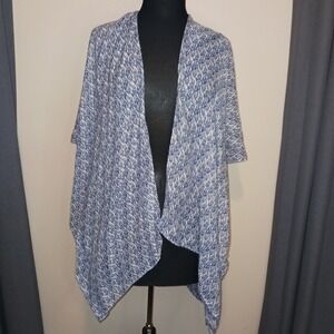 Blue White Abstract‎ Print Boho Open Front Kimono Cape Cover up